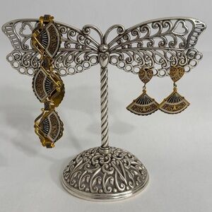 Vintage 1960s Spain Damascene Fan Link Bracelet and Screwback Earrings Set